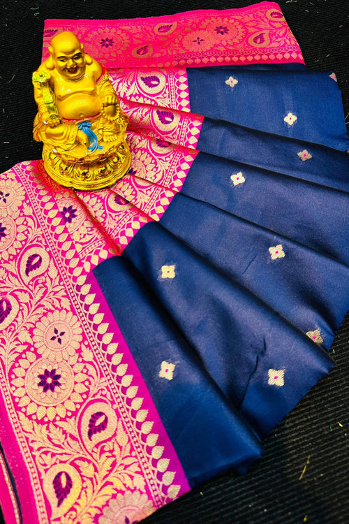Load image into Gallery viewer, Beautiful Navy Blue Banarasi Silk Saree With Demanding Blouse Piece
