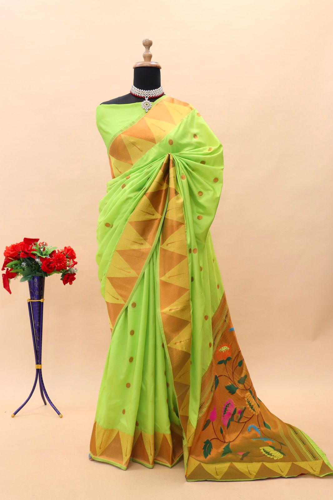 Improbable Parrot Paithani Silk Saree With Glittering Blouse Piece