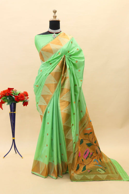 Load image into Gallery viewer, Tempting Pista Paithani Silk Saree With Fantabulous Blouse Piece
