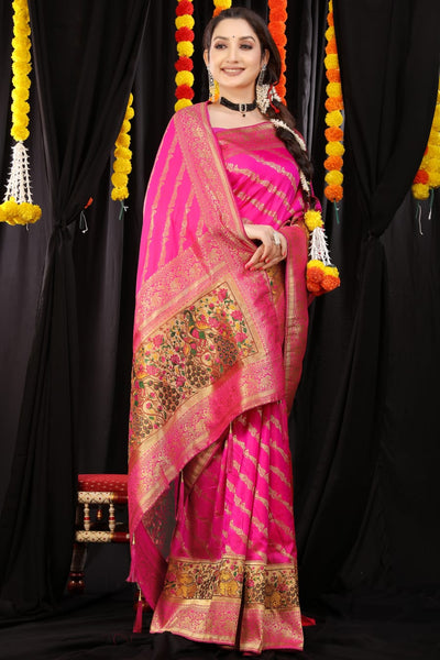 Trendy Dark Pink Banarasi Silk Saree With Marvellous Blouse Piece