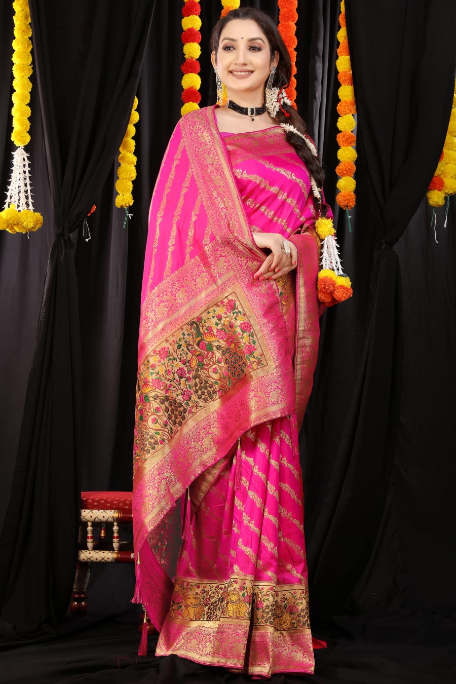 Dark Pink Smooth Silk Banarasi Saree - Urban Womania