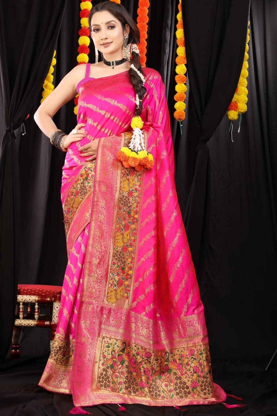 Trendy Dark Pink Banarasi Silk Saree With Marvellous Blouse Piece