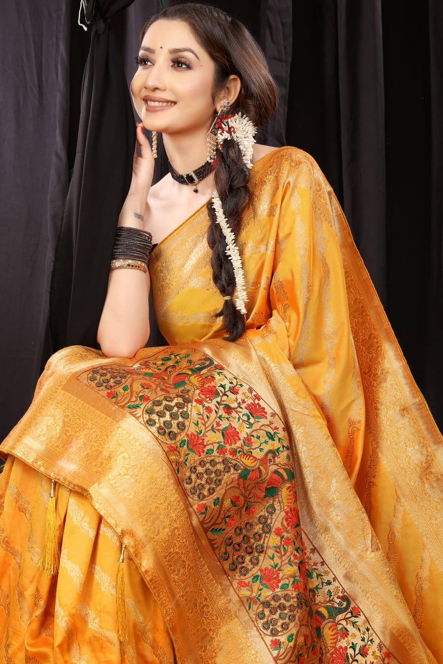 Elegant Mustard Banarasi Silk Saree With Amazing Blouse Piece