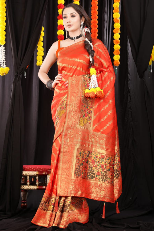 Load image into Gallery viewer, Extraordinary Orange Banarasi Silk Saree With Sophisticated Blouse Piece
