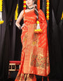 Extraordinary Orange Banarasi Silk Saree With Sophisticated Blouse Piece