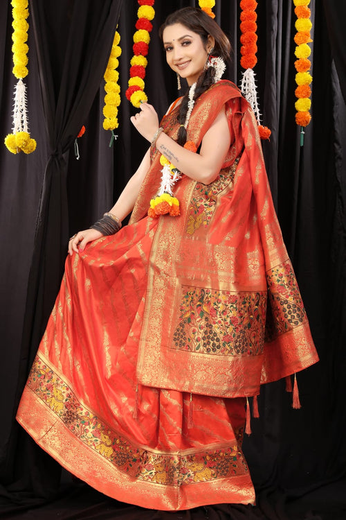 Load image into Gallery viewer, Extraordinary Orange Banarasi Silk Saree With Sophisticated Blouse Piece
