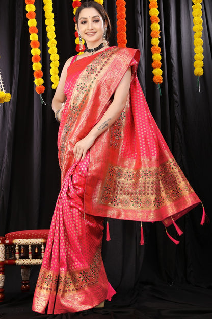 Mesmerising Pink Banarasi Silk Saree With Wonderful Blouse Piece