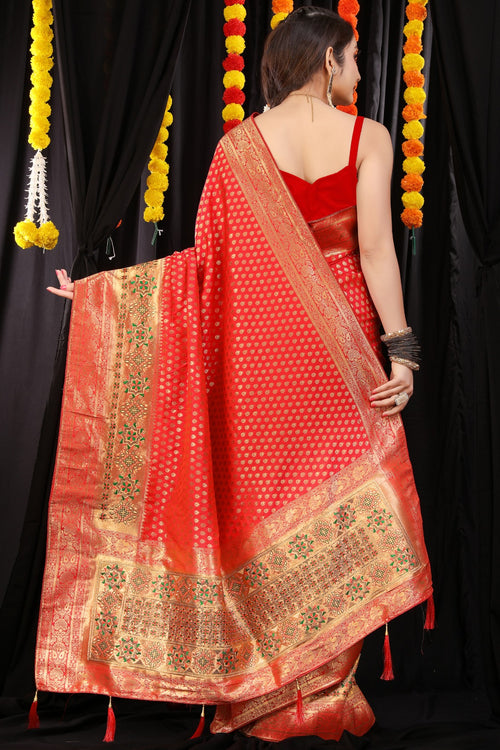 Load image into Gallery viewer, Charming Red Banarasi Silk Saree With Glowing Blouse Piece

