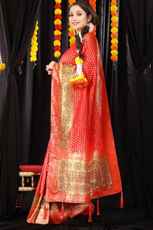 Load image into Gallery viewer, Charming Red Banarasi Silk Saree With Glowing Blouse Piece
