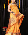 Intricate Yellow Banarasi Silk Saree With Charming  Blouse Piece