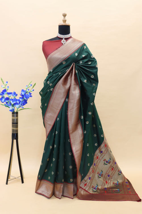 Load image into Gallery viewer, Diaphanous Dark Green Paithani Silk Saree With Beleaguer Blouse Piece
