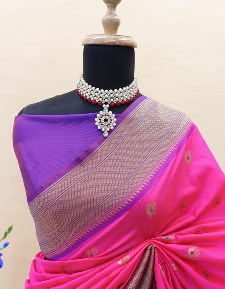 Admirable Dark Pink Paithani Silk Saree With Enticing Blouse Piece