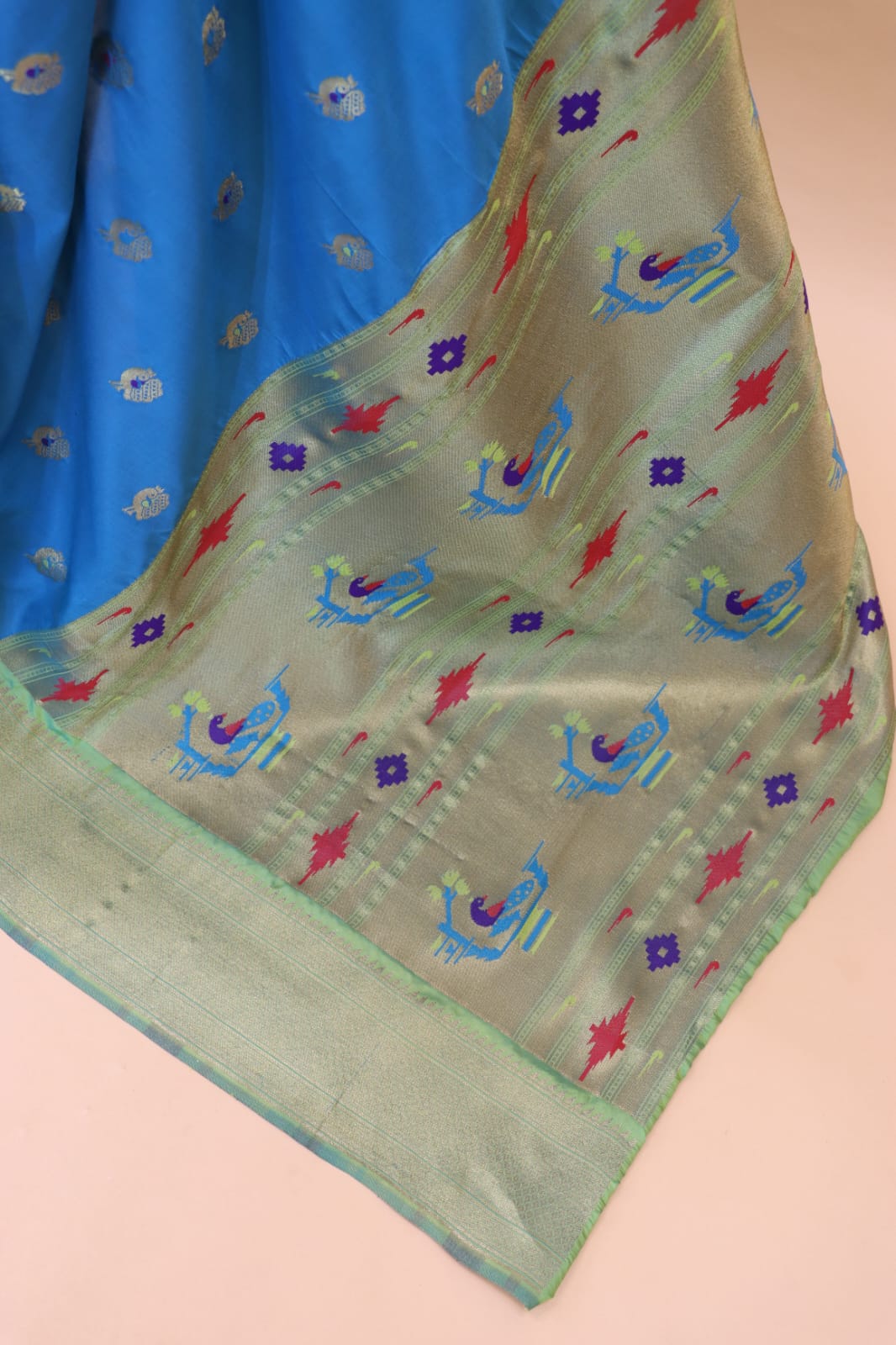 Elision Firozi Paithani Silk Saree With Petrichor Blouse Piece