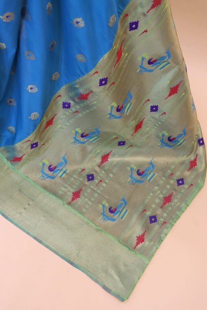 Elision Firozi Paithani Silk Saree With Petrichor Blouse Piece