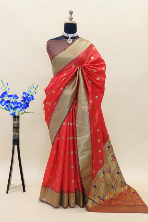 Load image into Gallery viewer, Incredible Red Paithani Silk Saree With Enchanting Blouse Piece
