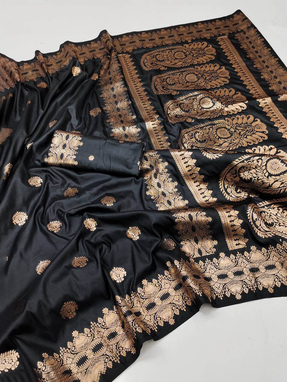 Charming Black Soft Banarasi Silk Saree With Traditional Blouse Piece