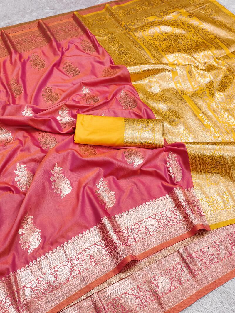 Scintilla Pink Soft Banarasi Silk Saree With Traditional Blouse Piece