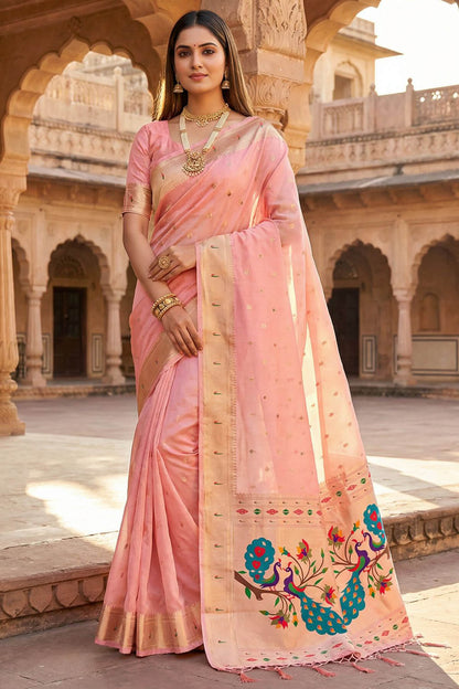 Ideal Baby Pink Paithani Silk Saree With Imaginative Blouse Piece