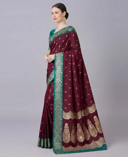 Surreptitious Wine Pure Zari Weaving Banarasi Silk Saree With Comely Blouse Piece