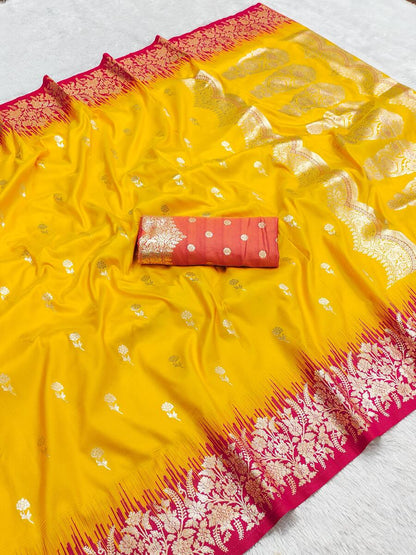 Flamboyant Yellow Pure Zari Weaving Banarasi Silk Saree With Seraphic Blouse Piece