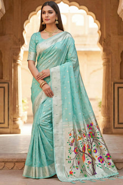 Demure Sky Paithani Silk Saree With Gleaming Blouse Piece