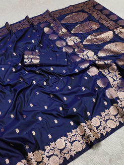 Embrocation Navy Blue Soft Banarasi Silk Saree With Ailurophile Blouse Piece