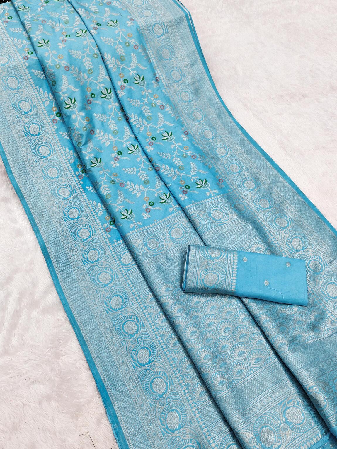 Nebula Sky Soft Banarasi Silk Saree With Sophisticated Blouse Piece