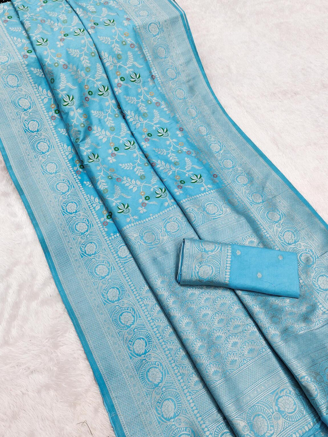 Nebula Sky Soft Banarasi Silk Saree With Sophisticated Blouse Piece