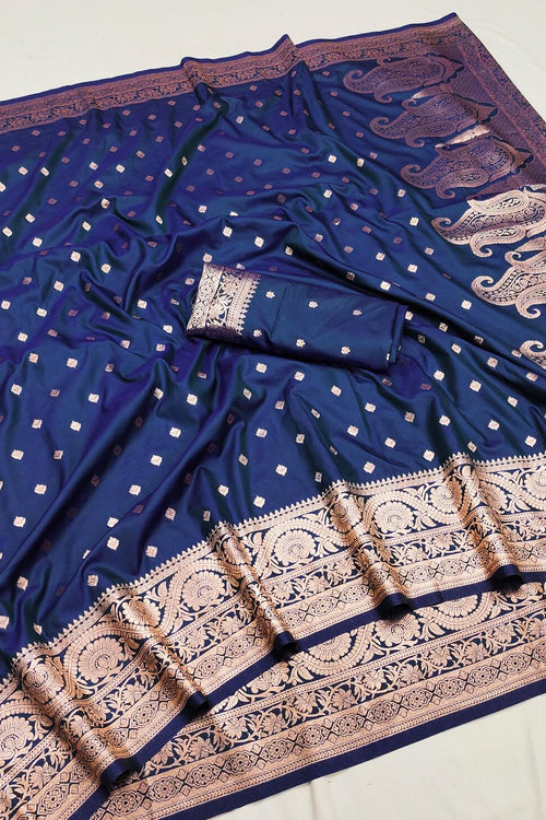 Load image into Gallery viewer, Prominent Navy Blue Soft Banarasi Silk Saree With Demure Blouse Piece
