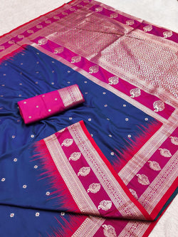 Diaphanous Blue Pure Zari Weaving Banarasi Silk Saree With Inspiring Blouse Piece