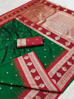 Beleaguer Dark Green Pure Zari Weaving Banarasi Silk Saree With Fairytale Blouse Piece