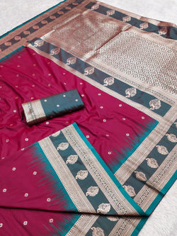 Palimpsest Maroon Pure Zari Weaving Banarasi Silk Saree With Luminous Blouse Piece