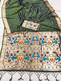 Eclat Dark Green Paithani Silk Saree With Traditional Blouse Piece