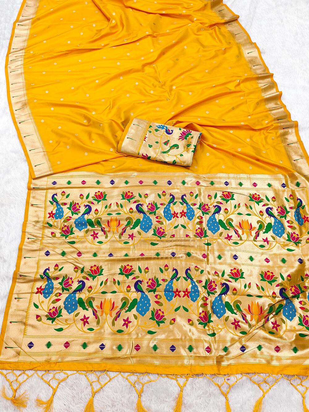 Lagniappe Yellow Paithani Silk Saree With Entrancing Blouse Piece