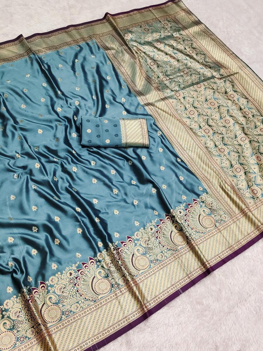 Brood Firozi Soft Banarasi Satin Silk Saree With Mellifluous Blouse