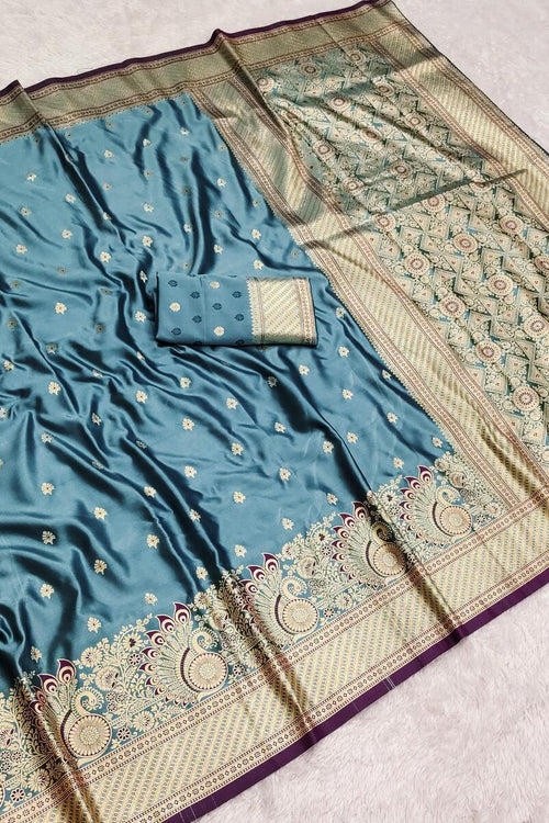 Load image into Gallery viewer, Brood Firozi Soft Banarasi Satin Silk Saree With Mellifluous Blouse
