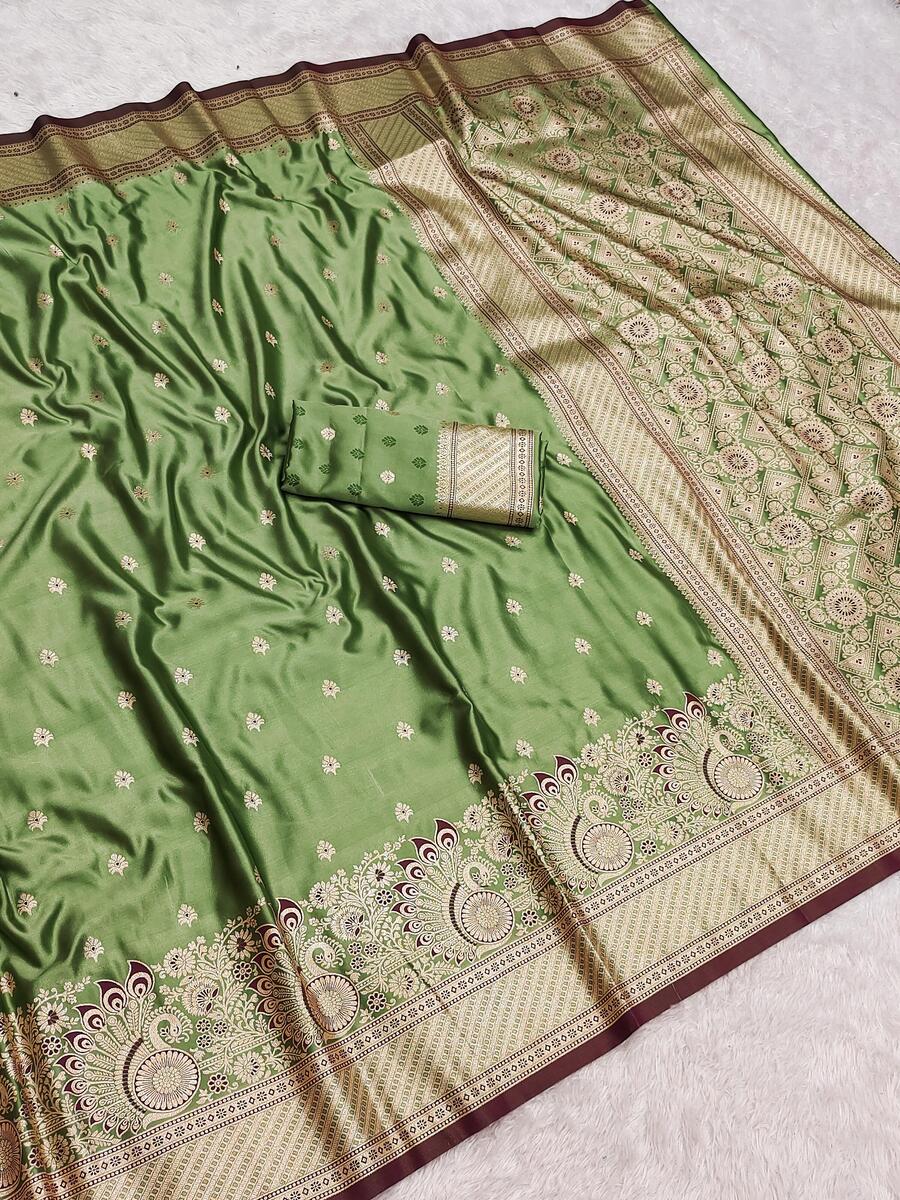 Moiety Green Soft Banarasi Satin Silk Saree With Scrumptious Blouse