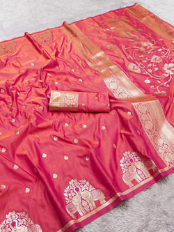 Confounding Pink Pure Zari Weaving Banarasi Silk Saree With Ephemeral Blouse Piece