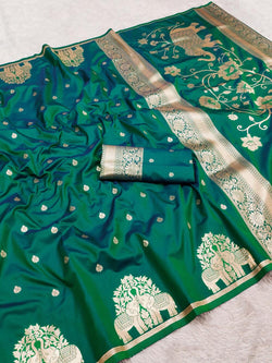 Panoply Sea Green Pure Zari Weaving Banarasi Silk Saree With Pleasurable Blouse Piece