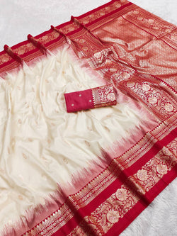 Girlish Beige Pure Banarasi Silk Saree With Blooming Blouse Piece