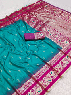 Glorious Firozi Pure Banarasi Silk Saree With Elision Blouse Piece