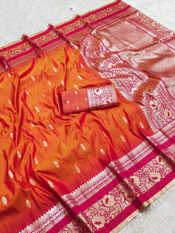 Magnificat Orange and Pink Pure Banarasi Silk Saree With Glittering Blouse Piece