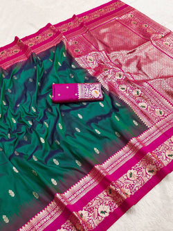 Stylish Rama Pure Banarasi Silk Saree With Seraglio Blouse Piece