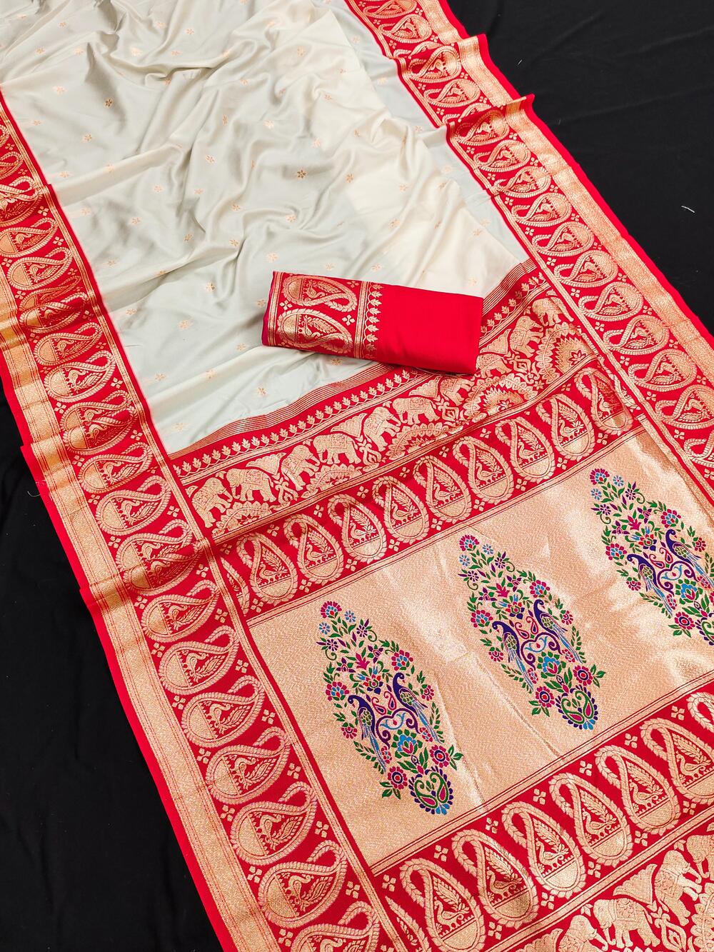 Symmetrical Beige Paithani Silk Saree With Embrocation Blouse Piece