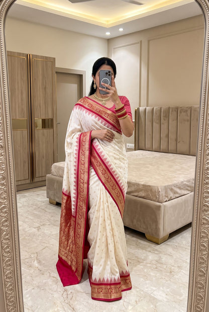 Twirling Off White Pure Banarasi Silk Saree With Beleaguer Blouse Piece