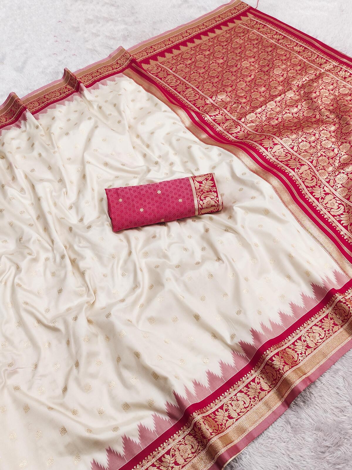 Twirling Off White Pure Banarasi Silk Saree With Beleaguer Blouse Piece