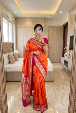 Ravishing Orange Pure Banarasi Silk Saree With Desiring Blouse Piece