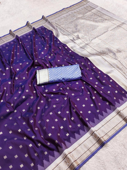 Fugacious Purple Pure Banarasi Silk Saree With Stunner Blouse Piece