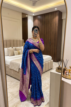 Exuberant Royal Blue Pure Banarasi Silk Saree With Desuetude Blouse Piece
