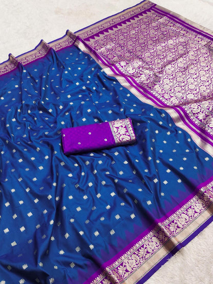 Exuberant Royal Blue Pure Banarasi Silk Saree With Desuetude Blouse Piece